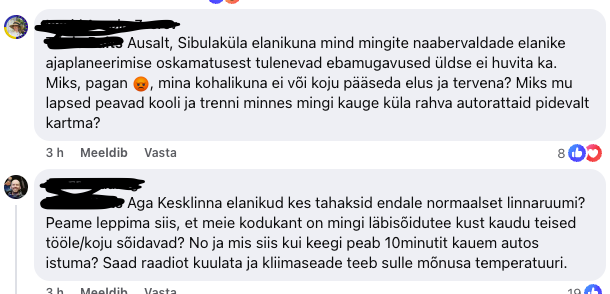 Paistab, et linnas teenuste ja töökohtade juures elavatel inimestel napib empaatiat nende vastu, kelle seda privileegi ei ole, kes peavad iga päev kulutama tunde, et kohale jõuda. 
Elu ei saa ju toimuda ainult Tallinna kesklinnas. Pealinn peaks arvestama kõigi Eesti inimestega.