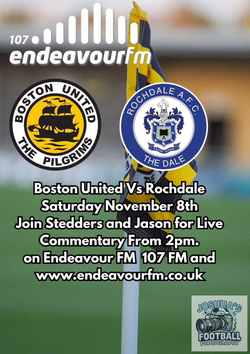 Happy weekend everyone! It’s another afternoon of National League action on <a href="/endeavourfm/">107 Endeavour FM</a> tomorrow as <a href="/bostonunited/">Boston United</a> entertain high-flying <a href="/officiallydale/">Rochdale AFC</a> at the JCS! Live commentary and build up from 2pm with <a href="/DStedders/">Stedders</a> and Jason Harding! Tune in if you cannot make it! 📻🟠⚫️⚽️🎙️