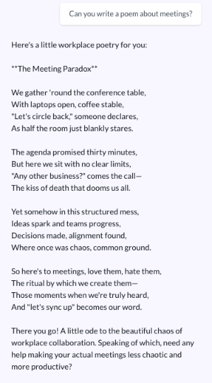 ContioAI's tweet image. 😎A workplace poem to help you get through Friday...
✨ From the AI chat in MeetingOS to you.

“The agenda promised thirty minutes,
But here we sit with no clear limits.”

We felt that.
MeetingOS is here to make meetings a little less tragic — and a lot more brilliant.

Join the…