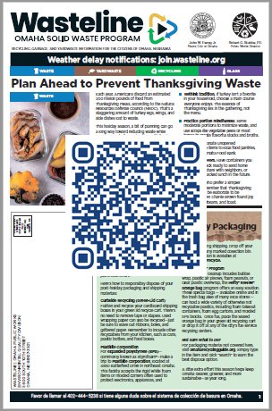 The next print issue of Wasteline is going in the mail.  Watch for it in your mailbox soon.

This issue has suggestions for—

Preventing waste at Thanksgiving
Recycling holiday packaging
Disposing of your live Christmas tree