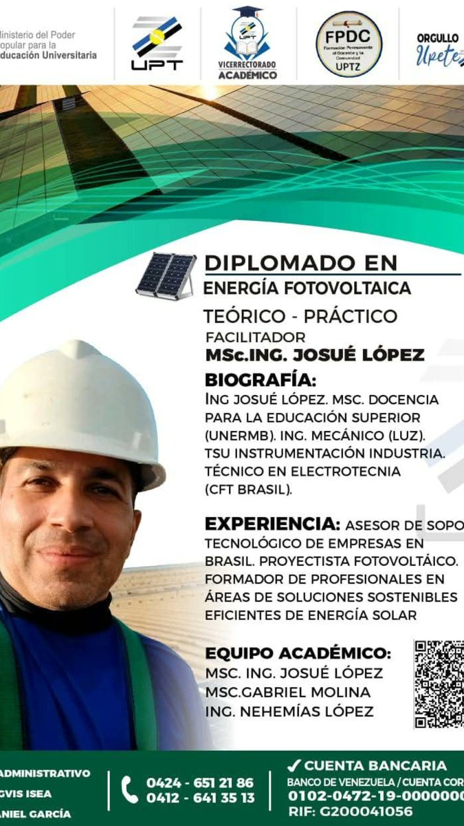 sinuproescol's tweet photo. #Delnterés
Con el propósito de impulsar tecnologías renovables, modulares, limpias, sin emisiones contaminantes y eficientes en la lucha contra el cambio climático, la UPT-ZULIA invitan a los profesionales de la región a cursar el Diplomado en Energía Fotovoltaica. https://t.co/oARKNOTVln