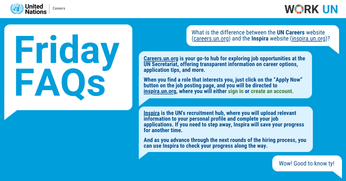 ❓ Careers.un.org or Inspira.un.org — what’s the difference?

🌐 Careers.un.org = Explore job opportunities &amp; learn about careers at the UN.
🧭 Inspira.un.org = Apply, upload documents &amp; track your applications.