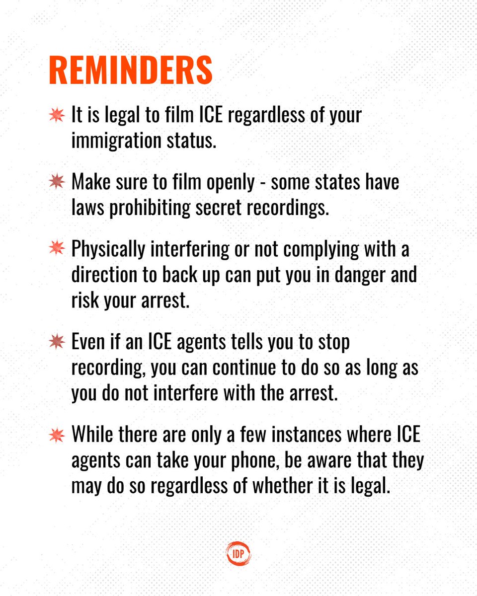 As ICE continues targeting communities, remember these tips and your rights when documenting or sharing ICE activity you come across. 🗣️ And remember: Everyone has rights during an encounter with ICE – regardless of immigration status. Learn them at immigrantdefenseproject.org/kyr