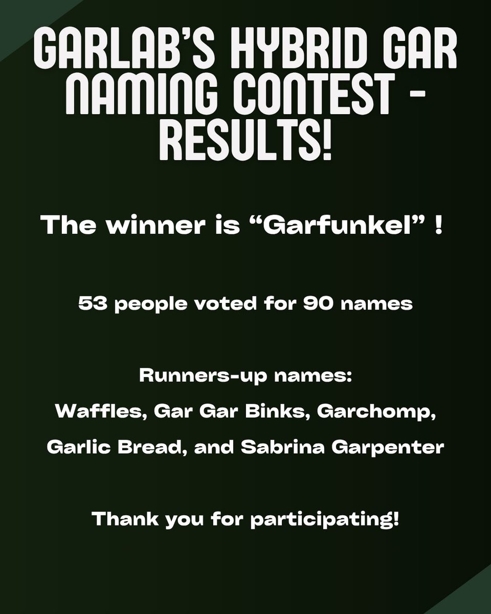 TheGarLab's tweet photo. She’s GARFUNKEL!

Thank you all so much for your suggestions and voting! We will be sure to adjust Garfunkel’s legal documents accordingly. 

#GarWeek #Conservation #Fisheries #GarLab #Garology #FishSciComm #SciComm https://t.co/nRz90LO4fF