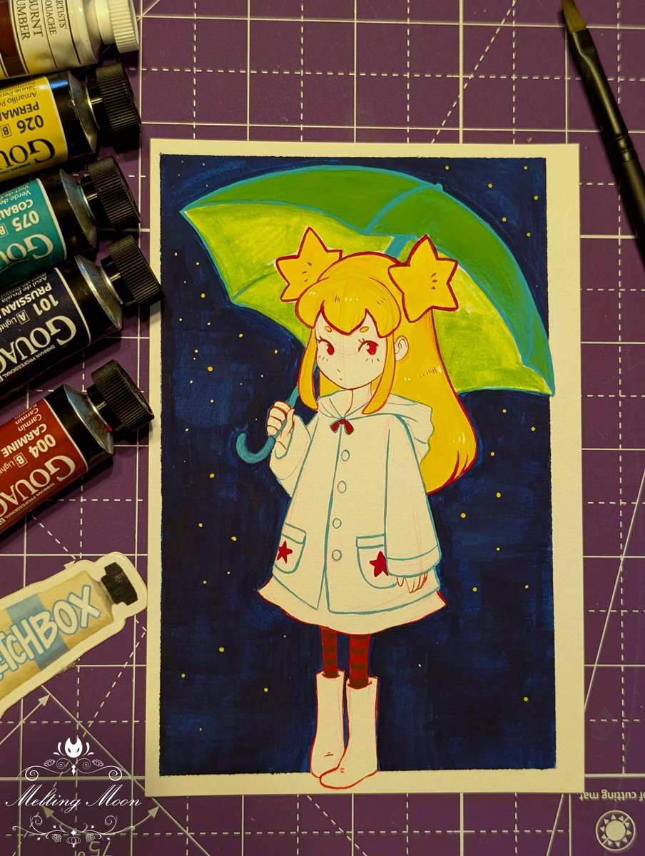 TheMeltingMoons's tweet image. Gouache: Little star in raincoat 
This one’s from another Sketchbox, and I got to use one of my favorite traditional mediums, gouache! Something about these colors just feels really nostalgic and storybook-like.
#sketchbox #cutekawaii