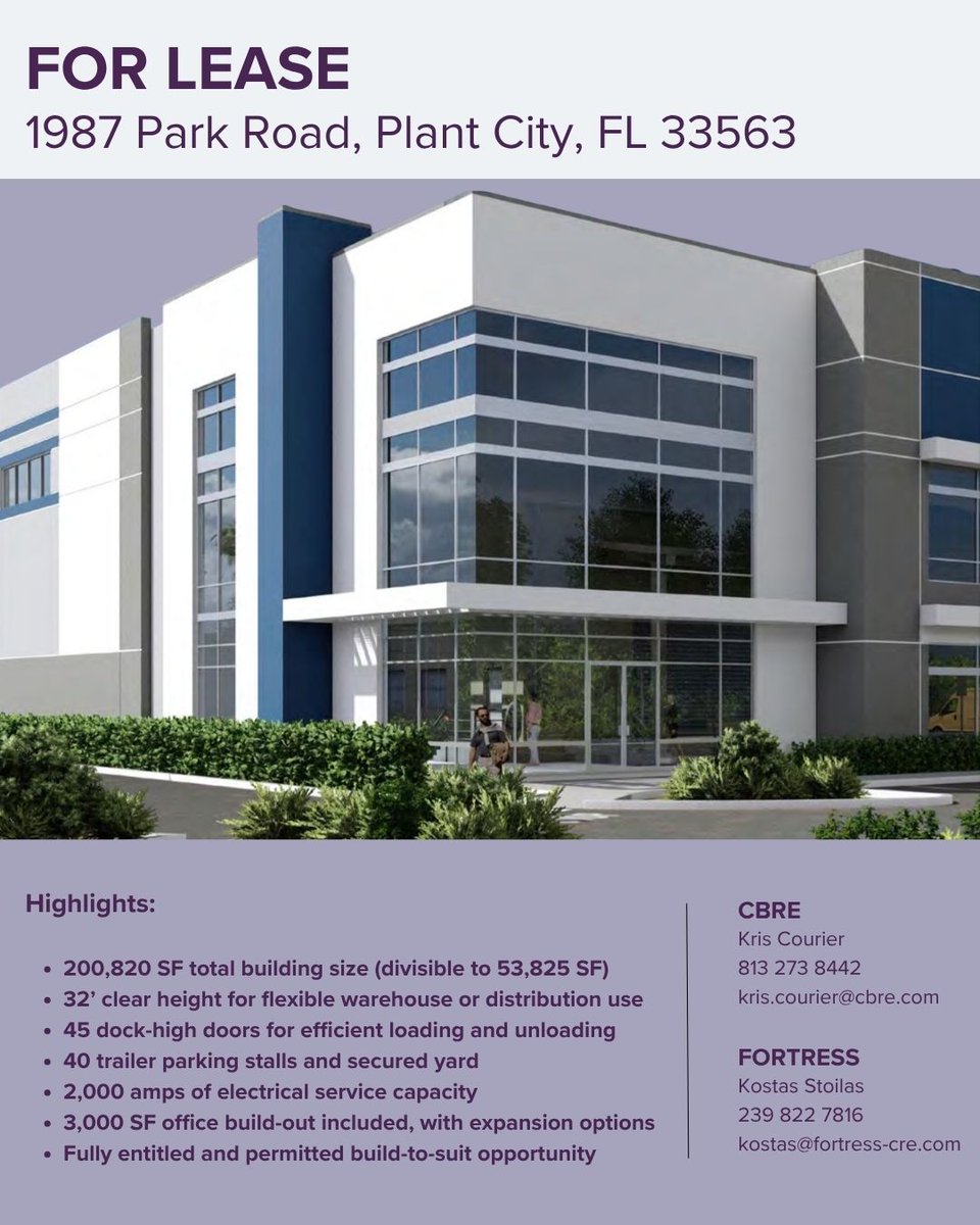 This 200,820 SF industrial facility is designed for efficiency and scalability, with proposed 32’ clear height, 45 dock-high doors, secured yard space, and 40 trailer parking stalls.

Perfect for logistics, distribution, or manufacturing users seeking a Central FL location

<a href="/CBRE/">CBRE</a>
