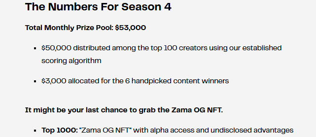 🚨 ZAMA S4 IS LIVE 🔥

Last chance to grab the ZAMA OG NFT {top 1000}+ share of $53K rewards💰

Join the Zama Creator Program 👇

→ Head over to era.guild.xyz/zama/creator-p… 
→ Connect your social accounts in the guild profile 
→ Complete simple social tasks 
→ Post content about