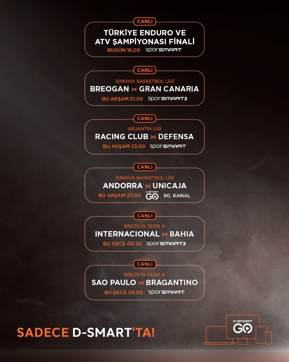 Sporun her türü bu ekranda! ⚽🏀🏍️

Enduro Şampiyonası Finali’nden Brezilya Serie A’ya kadar, bugün tempoyu #DSmart ve #DSmartGO belirliyor! 🔥