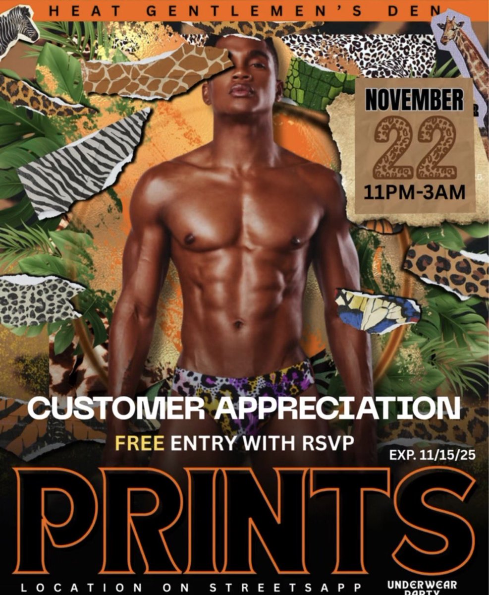 CUSTOMER APPRECIATION NIGHT!

THEME: PRINTS
FREE entry with RSVP (exp 11/15/25)
Online tickets starts 11/16/25
Saturday Nov. 22 - 11pm-3am

Live DJ , Bar , Giveaways , Free Hookah 
Play Zone 😈
Tickets Available Now! ✨ 

events.the-streets.app/u477/9ppd144j