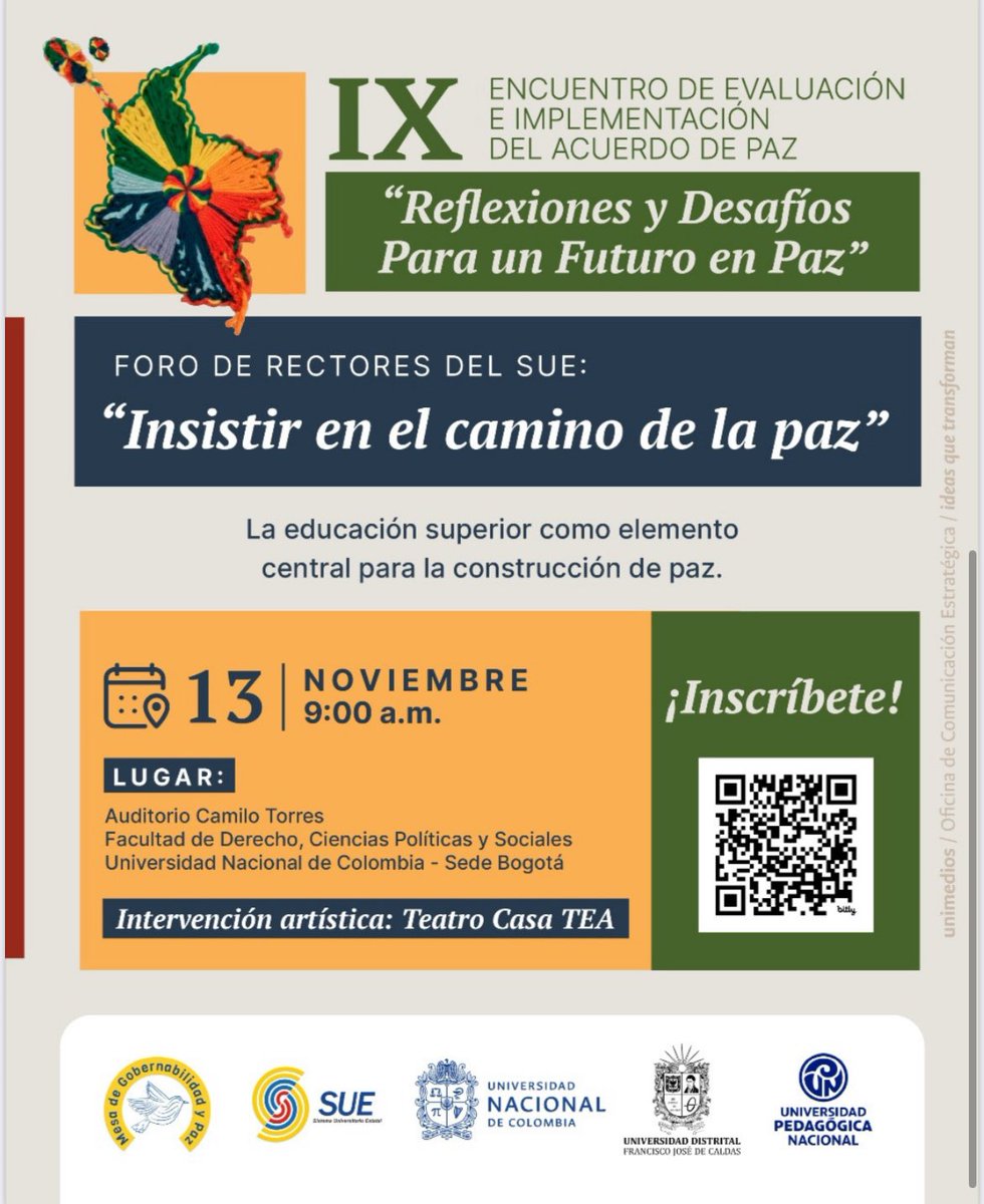 #UniversidadesPorLaPaz
IX Encuentro de Evaluación e Implementación del Acuerdo de Paz

Paneles, foros y experiencias que reafirman el compromiso de las universidades con la construcción de paz. ✊
 <a href="/udistrital/">UniversidadDistrital</a> <a href="/comunidadUPN/">UPedagógicaNacional</a> <a href="/UNALOficial/">Universidad Nacional de Colombia</a>