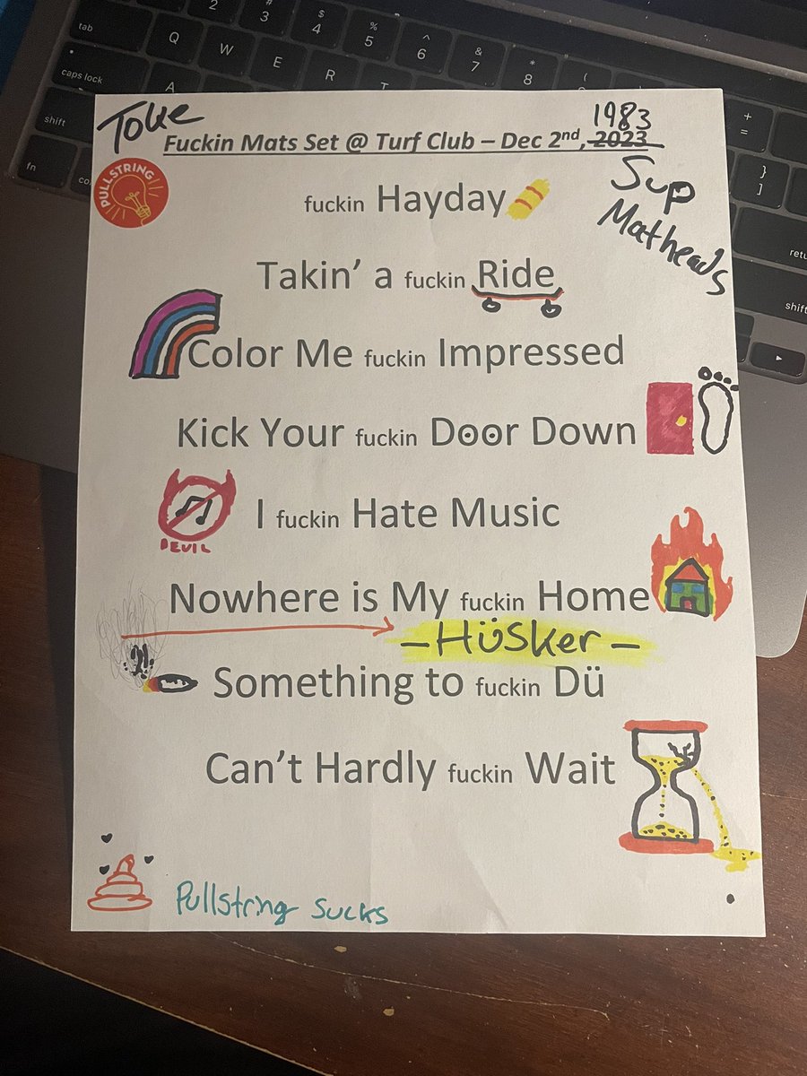 pullstringband's tweet image. Toke doodled on his setlist the last time Pullstring played the Replacements tribute show. What Mats songs do you want to hear PS play this time? 🎶 

The public sale is open today for the show on January 3rd at @TurfClubMN 🎸 

#livemusic #rock #replacements #mats #tribute