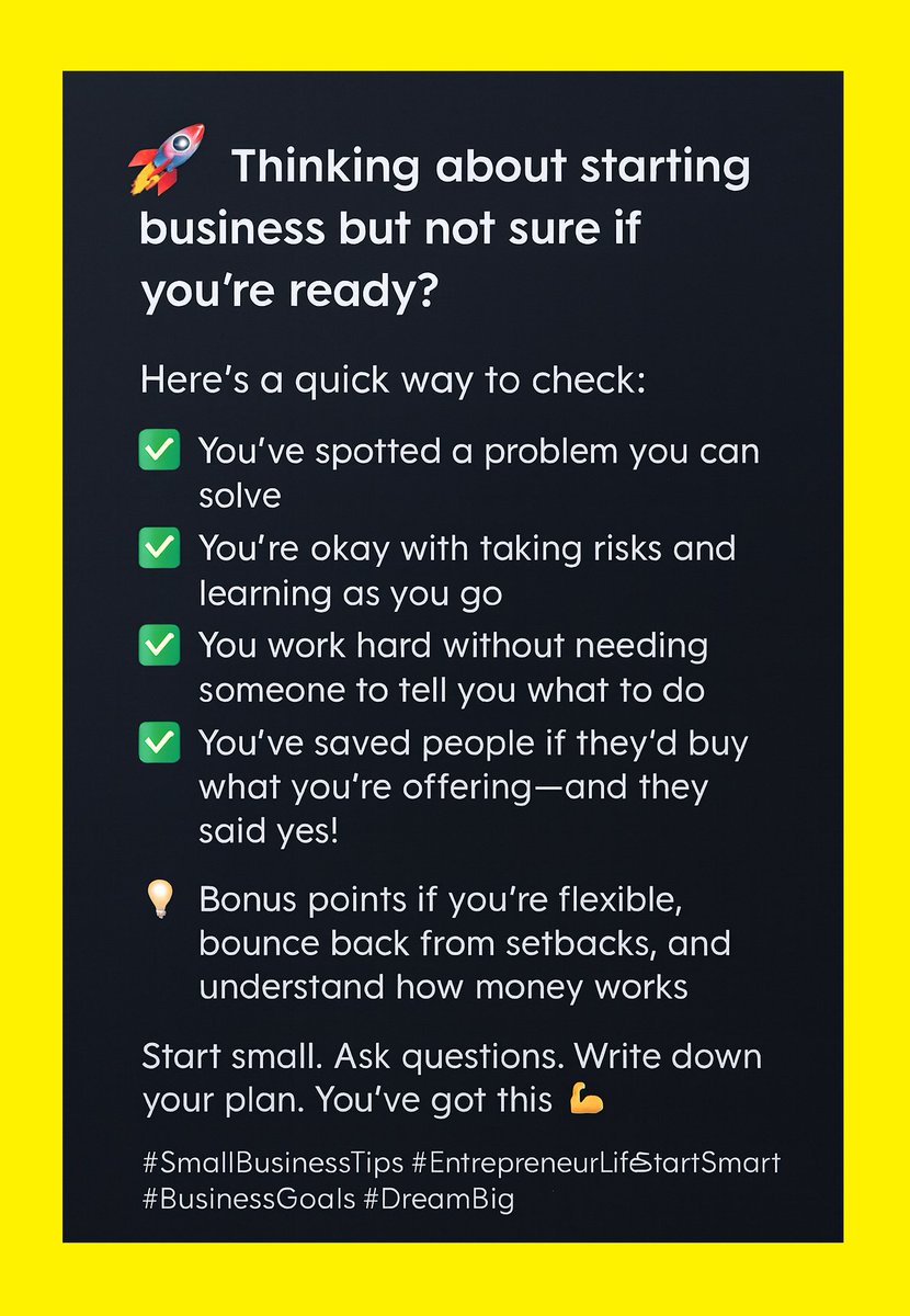 BAMMExperts's tweet image. Thinking about starting a business but, not sure if you&apos;re ready?

Start small. Ask questions. Write down your plan. You’ve got this 💪

#SmallBusinessTips #EntrepreneurLife #StartSmart #BusinessGoals #DreamBig