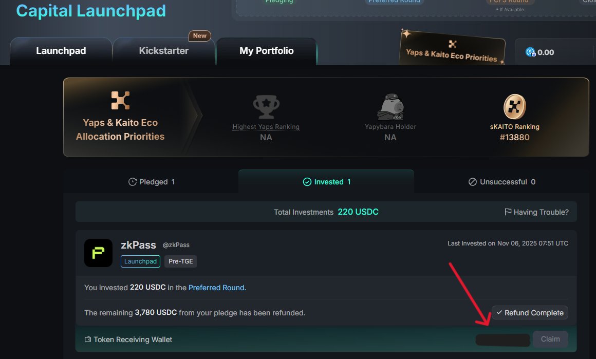 Just a reminder to everyone participating in the <a href="/KaitoAI/">Kaito AI 🌊</a> capital launchpad (Theoriq, Superfluid, zkPass, Espresso) to link your claim wallet.

Go to My Portfolio - Invested - Done ✅