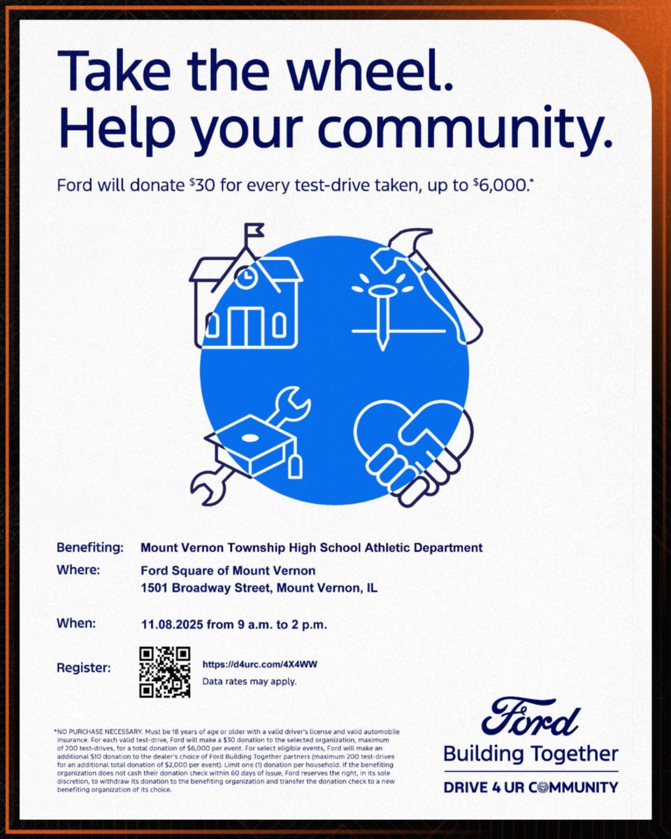 DRIVE 4 UR COMMUNITY - Ford Square of Mt. Vernon
November 8th from 9 a.m. to 2 p.m. You can scan the QR code to register.