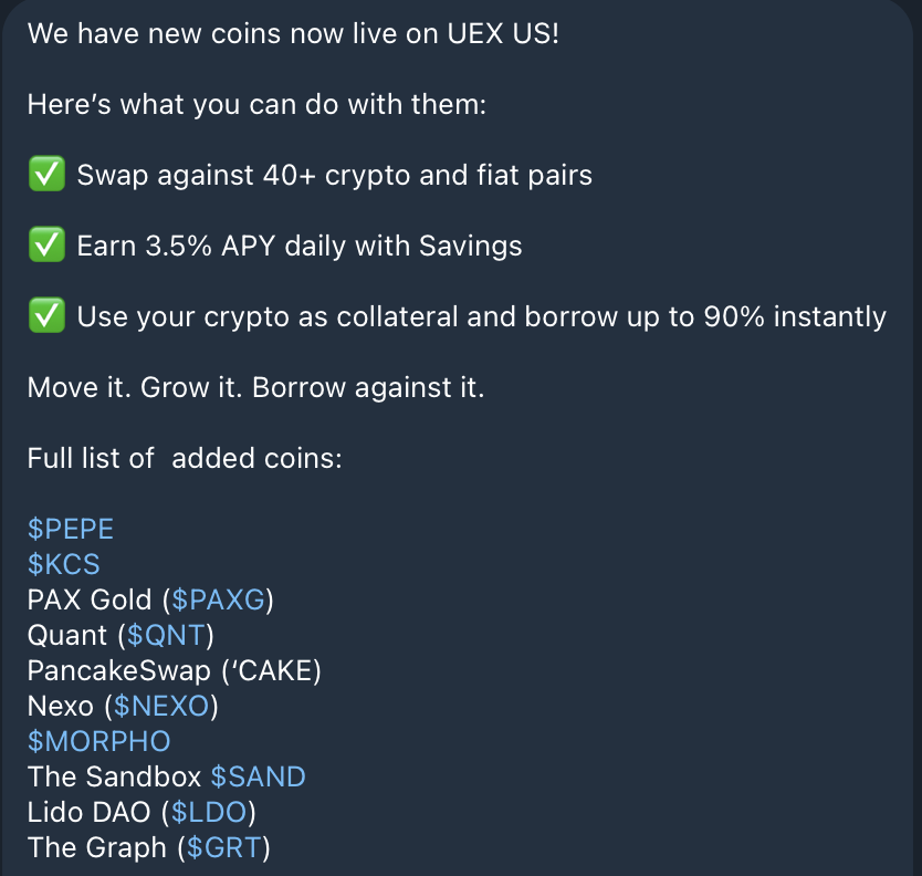 wildblueyondu's tweet photo. INSANE news to wake up to from the @uex_us telegram account! Now we have 40 tokens listed for trading, savings account & perpetual loans! 

Coming soon, tradingbots & limit orders 🎉🥳

🚨Very limited amounts of @uexcoin available in exchange for @C4CrossChain best hurry!🚨

$uexcoin = Why own crypto, when you can own the crypto mine⁉️⛏️⛏️💰🫰

Try Uex 👉https://t.co/VGilpw0wJz