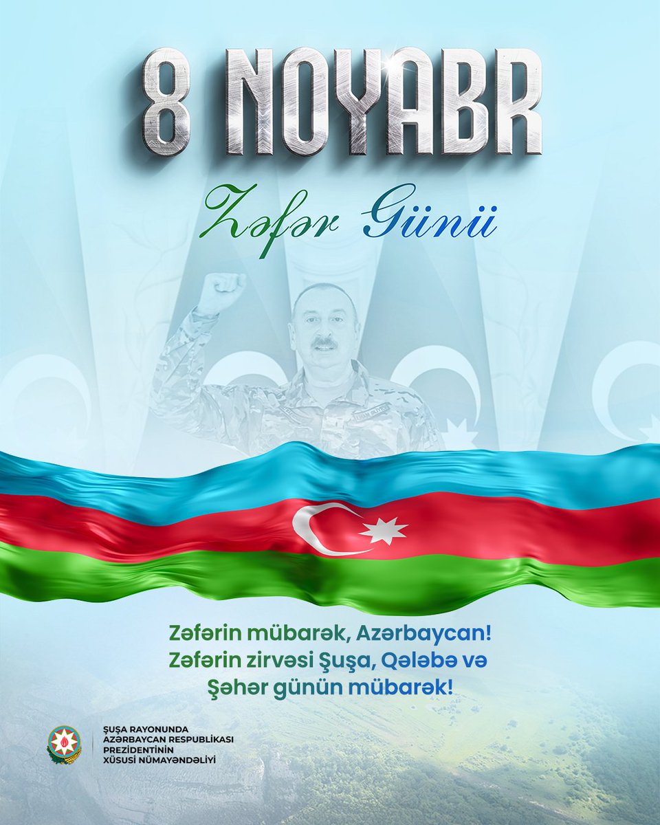 Şanlı ordumuz 8 noyabr 2020-ci il tarixində dünyanı heyran qoyan misilsiz əməliyyatı ilə #Şuşa|nı azad edərək Vətən müharibəsinin tarixi Qələbəyə ucalan zirvəsini fəth etdi. Qələbə bayramınız və Şuşa şəhər gününüz mübarək olsun!
#ShushaisAzerbaijan #Shusha  #KarabakhisAzerbaijan