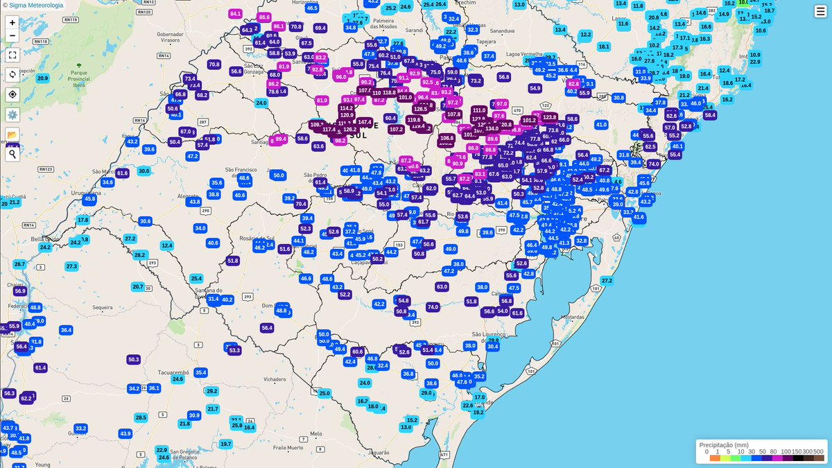 🌧️ Acumulados de chuva no RS superam os 100 mm no norte do estado, alguns pontos já se aproximam dos 150 mm, volumes observados apenas nesta sexta-feira (07/11).

📲 Para mais detalhes, acesse: sigmameteorologia.com/sigmaweb/stati…