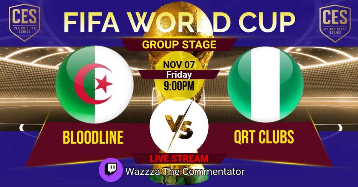 CES World Cup action tonight! 🔥

Catch the group stage matches live on Twitch: twitch.tv/wazzzathecomme…
 <a href="/ces_bloodline/">Bloodline</a> 
🕗 Kick-off: 9:00 PM 🇬🇧

#CESWorldCup #FC26 #ProClubs