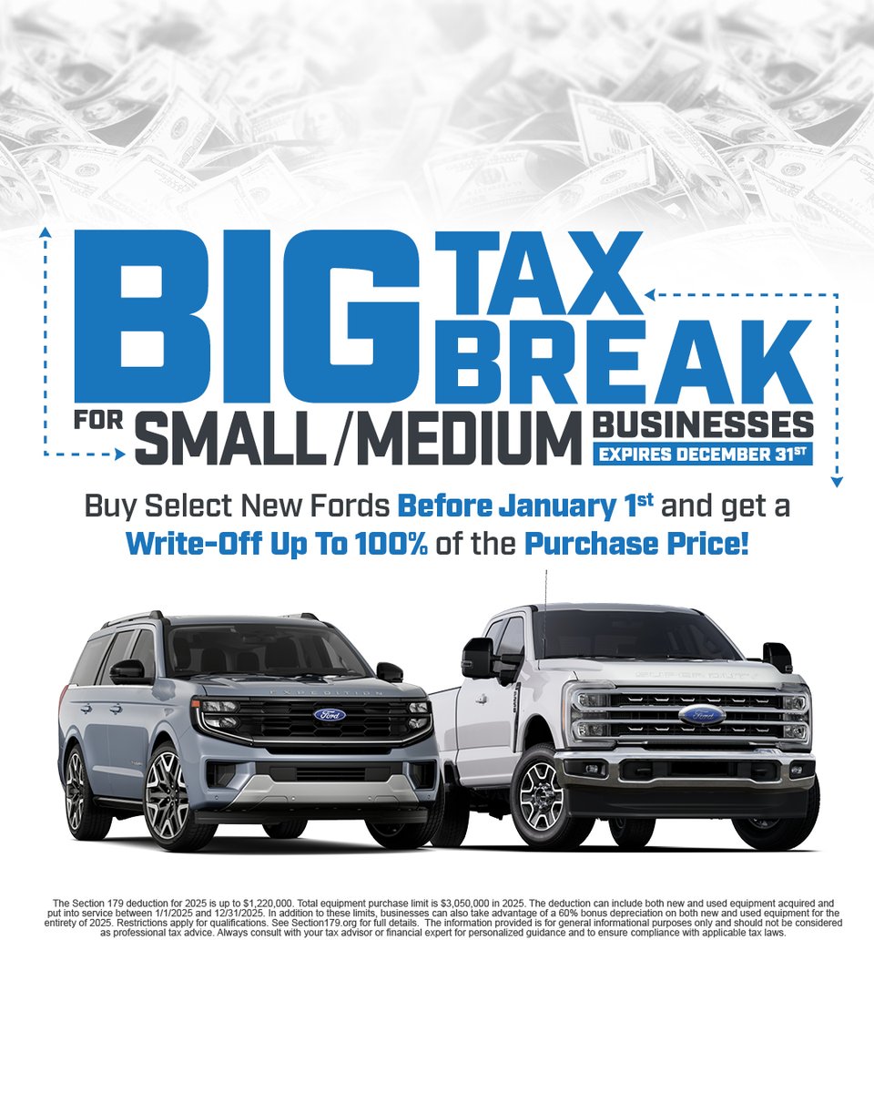 If you're a small or medium-sized business that has been considering a new vehicle, this is the perfect time to do it. Select new Fords purchased before January 1st may qualify for a write-off up to 100% of the purchase price!

Learn more: tinyurl.com/pmfnmp5w