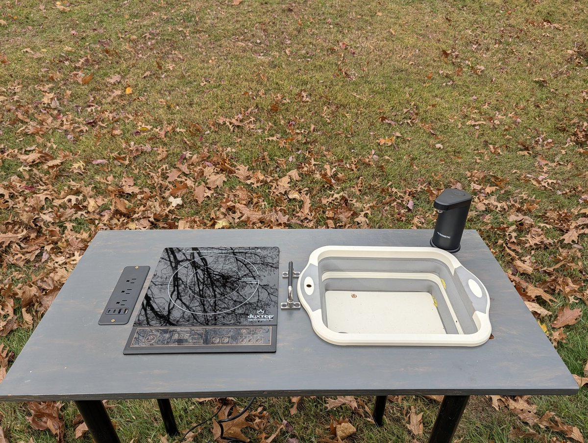Kanundrum17's tweet photo. R1S Camp Kitchen is Ready for prime time use with our assateague Island trip coming up! Bonus is the spare tire still fits?. #rivian #campkitchen  also dometic faucet is mega easy to use and integrate. https://t.co/fx2TvklUm5