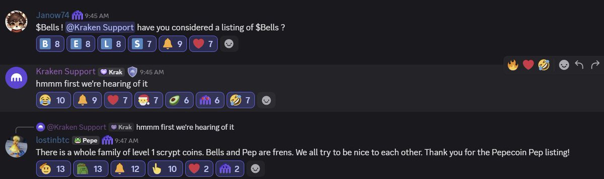 BellsChain's tweet photo. Bells and @PepecoinNetwork , innovating the PoW meme meta, both supported by @NintondoWallet , along with @dogecoin ! Pep listing on @krakenfx  recently announced... and it looks like maybe Bells has their attention, too! Keep showing love! https://t.co/iUxhs8n3ln
