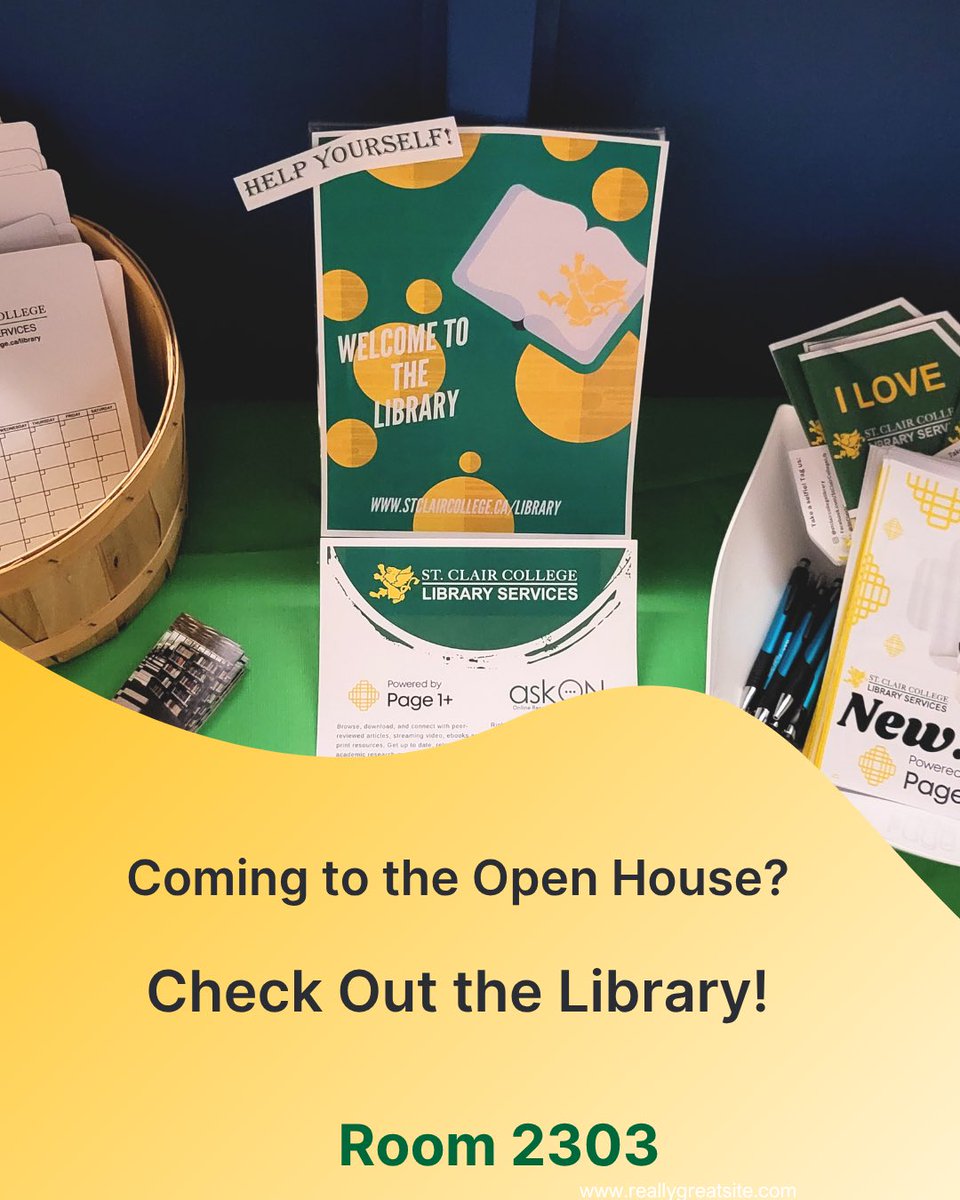 StClairLibrary's tweet photo. Welcome future and current @StClairCollege students 👋 Are you visiting the Open House on Nov. 8th? Stop by and explore our study spaces, collections, or pick up a library calendar, and more! Windsor campus library is open Saturday from 9-5 📚 #collegelibrary #readstudyrelax https://t.co/lnRhjfesbE