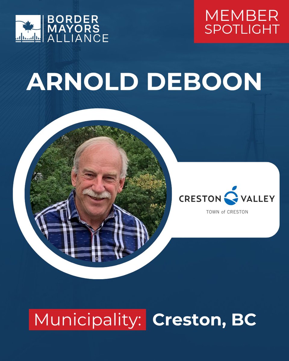 📢Meet Arnold DeBoon from Creston, British Columbia 🍁
North of the Idaho border, Creston is home to about 6,200 residents. 
Mayor DeBoon has served Creston since 2022 and is dedicated to enhancing quality of life and economic growth for everyone who calls the community home.