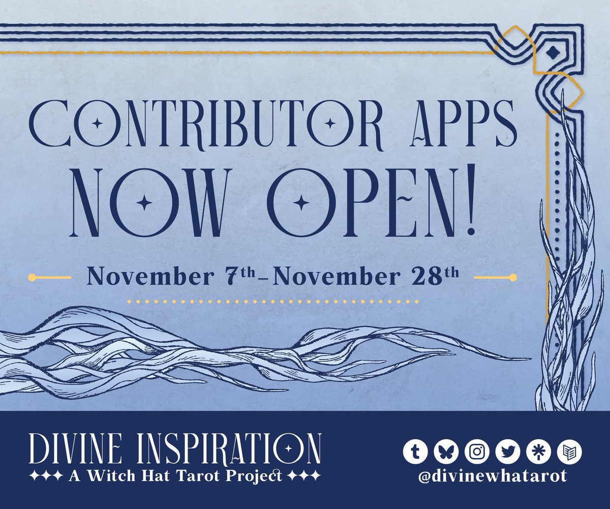 ✶⋆.˚ CONTRIBUTOR APPS ARE OPEN!! ✶⋆.˚

Applications for Divine Inspiration: A WHA Tarot Project will close on November 28th, 2025, at 11:59 pm EST. We're looking for card artists, merch artists, and writers for the companion tarot guide! 

#wha #Δ帽子