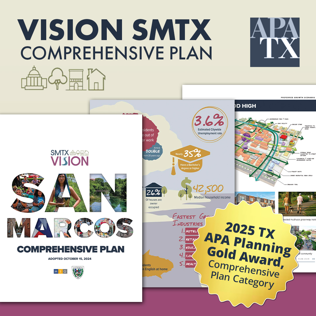 🎉 We are excited to announce that the Vision SMTX Comprehensive Plan received a 2025 Planning Gold Award in the Comprehensive Plan category at the APATX ⭐️ 25 State Planning Conference! 

Check it out at: visionsmtx.com/comprehensive-…