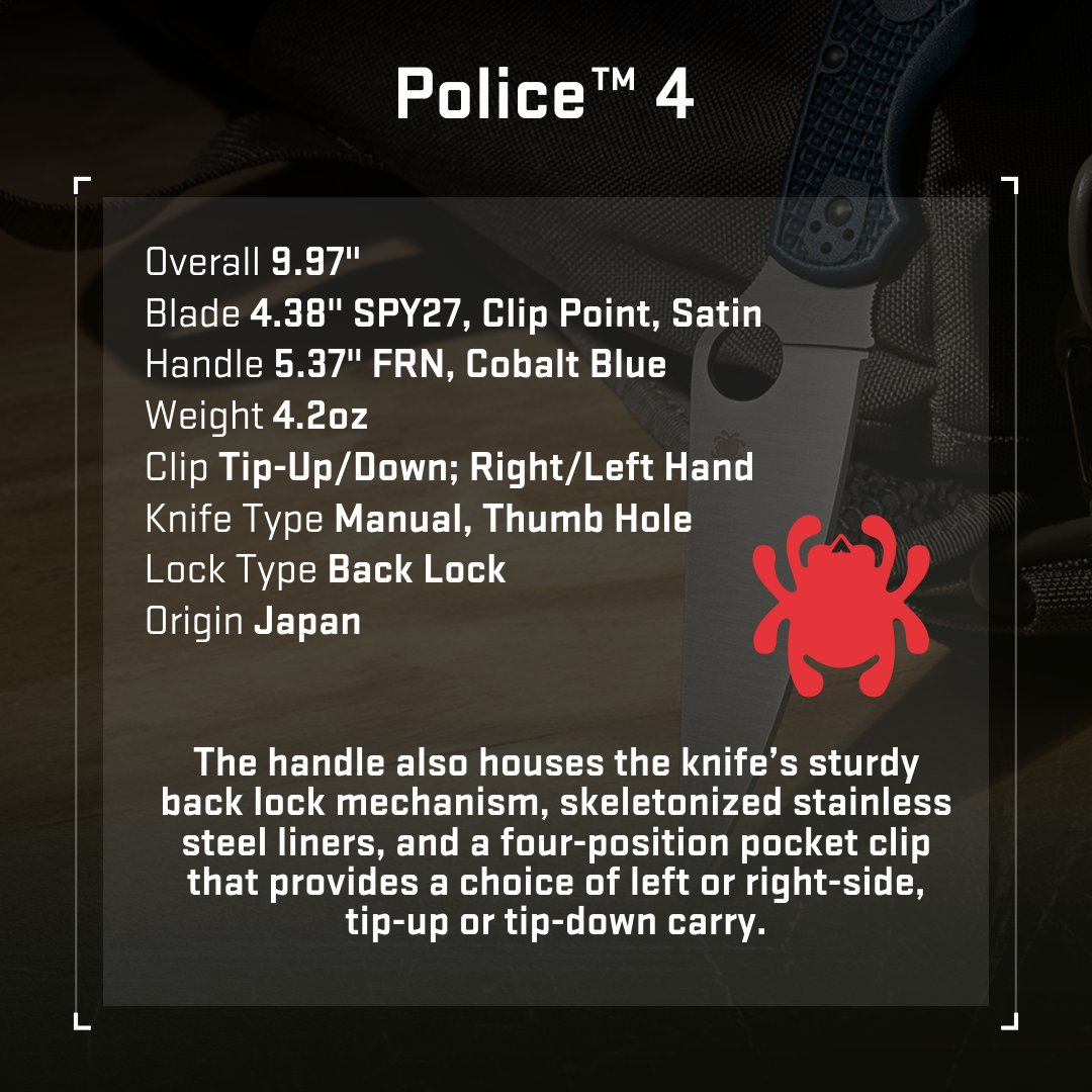 SportsandGadget's tweet image. 🔵 Spyderco Police 4 Lightweight CPM SPY27
Lighter. Tougher. Sharper.⚡

🧬CPM SPY27 steel
 🪶  FRN handle (21% lighter)
🔒Back lock | 🔁 4-way clip
💙Cobalt blue finish | 🇯🇵 Made in Japan

👉 sports-and-gadgets.com/collections/ne…

#Spyderco #EDC #KnifeCollectors #SportsAndGadgets #Wearable4U