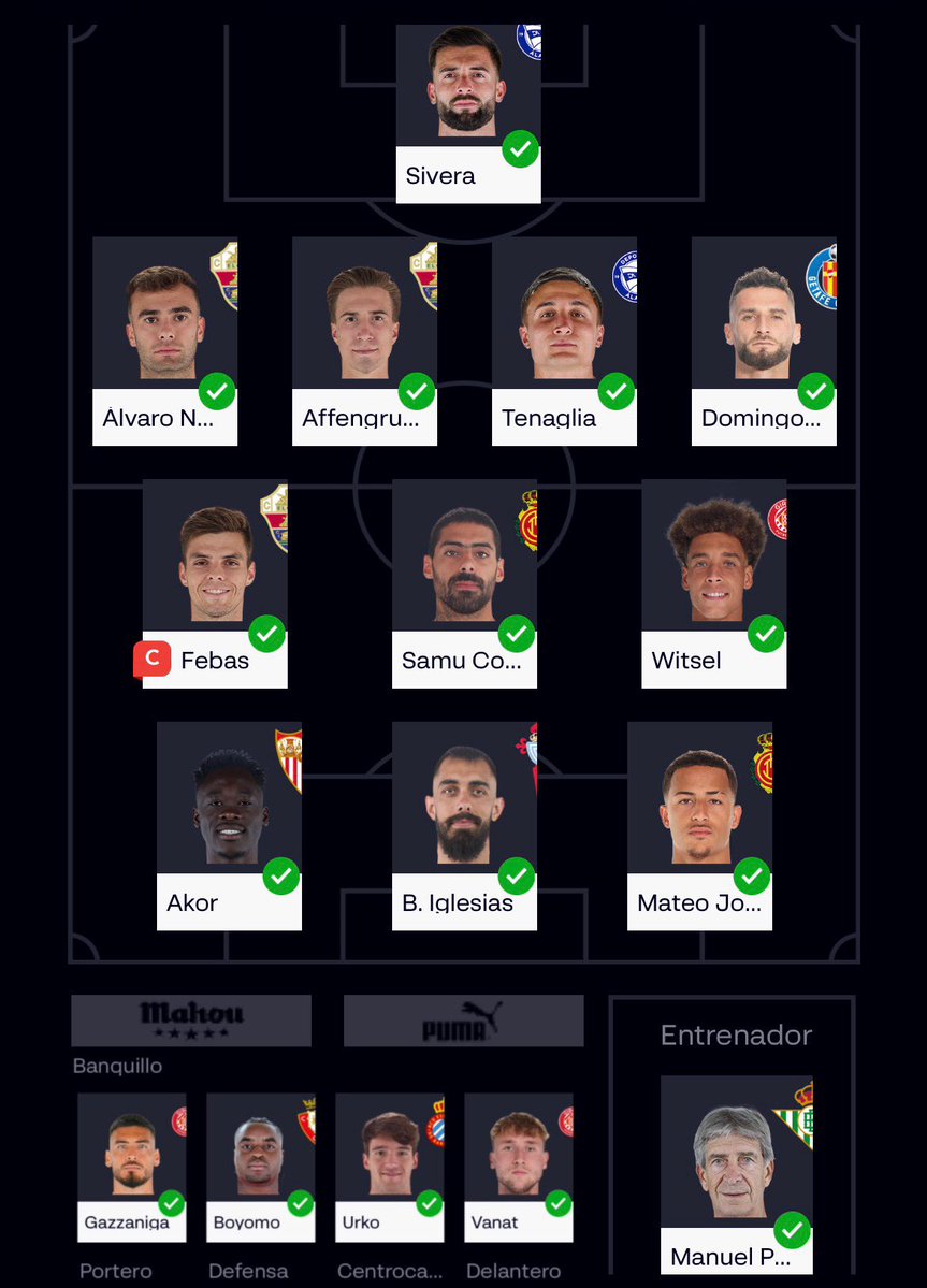 📆 Jornada 1️⃣2️⃣ <a href="/LaLigaFantasy/">LaLigaFantasy</a> #LLFSrMinguez 🏆 

➡️ Aquí mi 11 😏 patrocinado por <a href="/DeporteParaiso/">Paraiso del Deporte</a> 💪🏼

⭐️ Capitán ➡️ Febas <a href="/elchecf/">Elche Club de Fútbol</a> 
👤 Entrenador ➡️ Pellegrini <a href="/RealBetis/">Real Betis Balompié 🌴💚</a> 

Y vuestros onces cracks❓