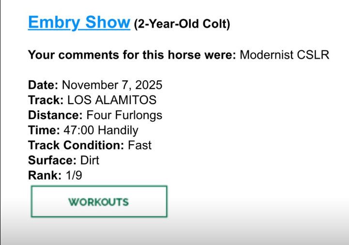 mike33024's tweet image. BIG 47.00 work from this beast now named Embry Show for @claydoeski and the CSLR group this morning 💪 🚀 

 Along with Leading Change, Crude Velocity, Faran, McGregor and Newton, my most anticipated 2 year olds yet to debut.  2026 is gonna be 🔥