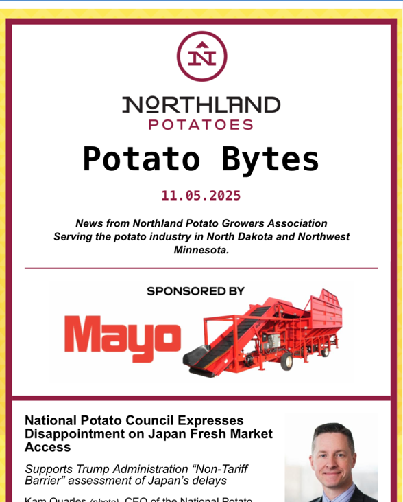 MAYOMFG's tweet photo. 🥔 Stay in the know! Mayo Manufacturing is proud to sponsor Northland Potato Bytes, the weekly newsletter for regional &amp; national potato news.

Subscribe FREE: ted@northlandpotatogrowersassn.ccsend.com

#PotatoNews #Agriculture #FarmLife #MayoManufacturing https://t.co/zKFhq2xk9d