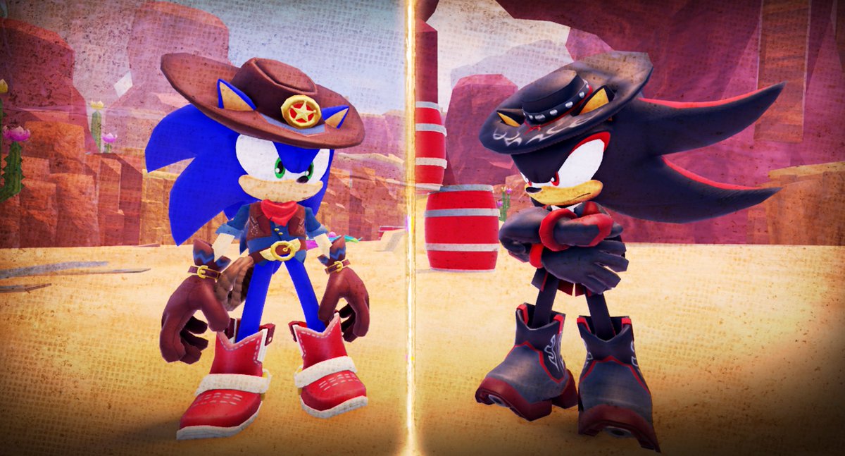 🤠 It’s a Wild West showdown! Will you uphold justice with Sheriff Sonic or become an Outlaw with Shadow?  Join the duel in #SonicSpeedSimulator this weekend! 🌵