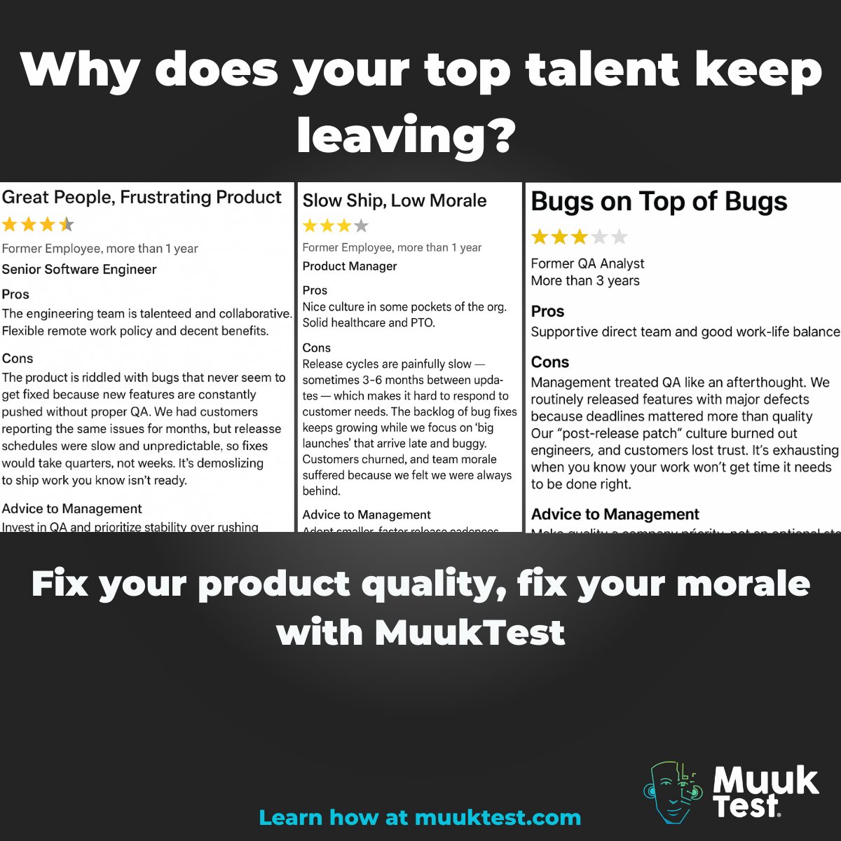 Your people aren’t leaving because of culture; they’re leaving because of a lack of #QA.

Sometimes you fix your product quality, and you fix team morale.

👉 Learn how MuukTest helps teams ship faster and prouder: muuktest.com

#SoftwareEngineering #SoftwareQuality