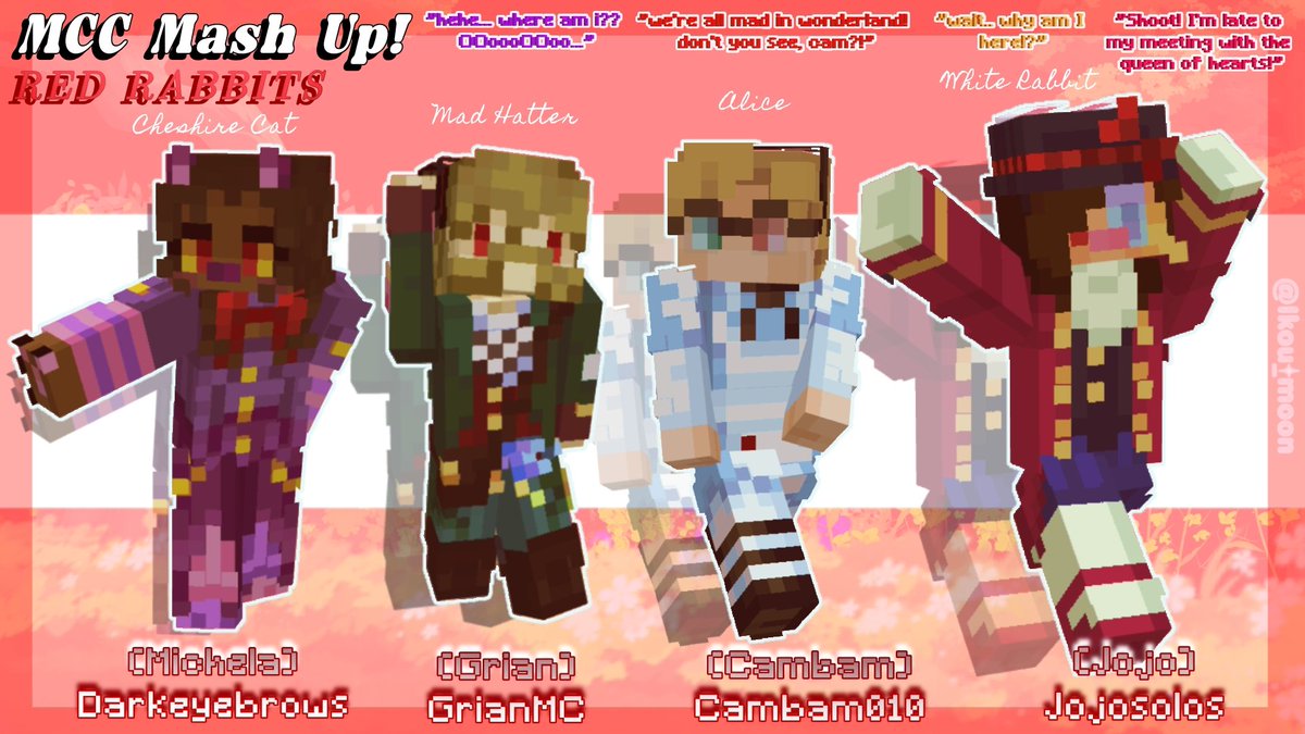 Ikou_moon's tweet image. ♥️🐇
Cambam in... Wonderland?
💥🟢 || MCC Mash Up time!

downloads in replies
rts appreciated!
-
#MCC #mccskins #redrabbits #cambamfanart #grianmcfanart
#jojofanart #darkeyebrowsfanart