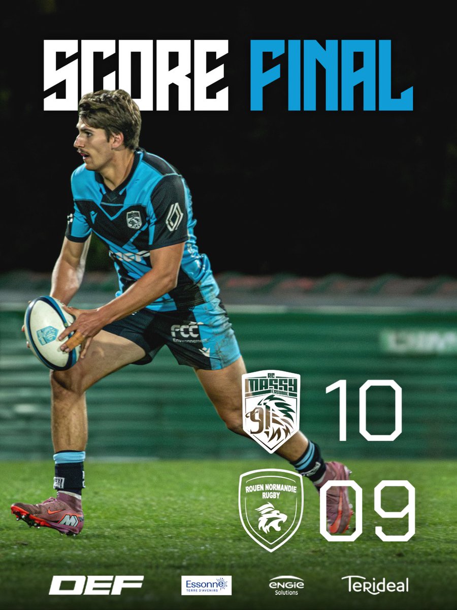 𝑽𝒊𝒄𝒕𝒐𝒊𝒓𝒆 🔥

Dans un match fermé, nos massicois l’emportent grâce à un essai de Nolan Pienaar en fin de première mi-temps !

Prochain match, le déplacement à Suresnes.

#AllezMassy #MadeinMassy #RêverFort 🦁