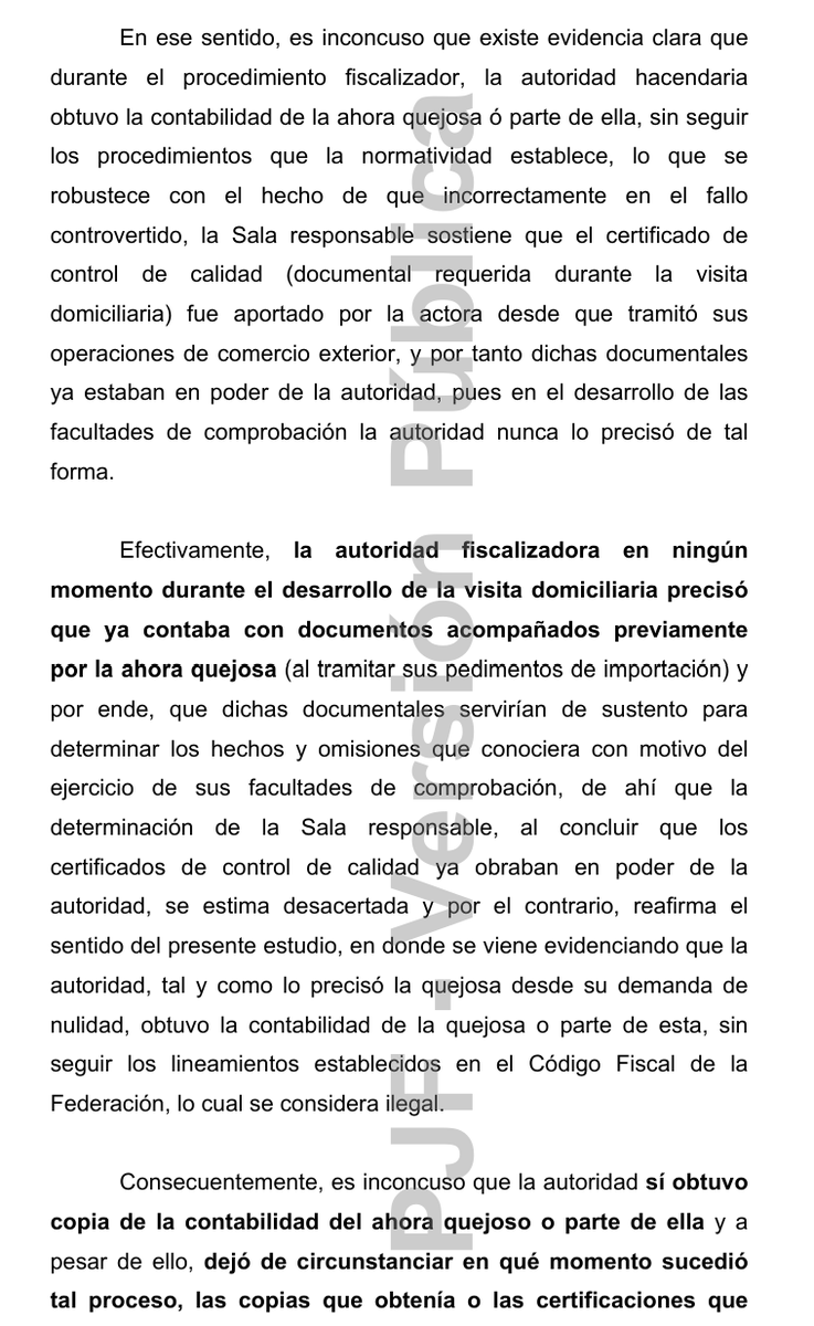 GilLuisJ92's tweet photo. Durante el desarrollo de una visita domiciliaria y al levantarse la última acta parcial de visita a través de la cual se le dieron a conocer a la contribuyente los hechos y omisiones conocidos, la visitada ofreció su contabilidad y la puso a disposición en su domicilio fiscal, a lo que el @SATMX contestó que la misma ya obra en su poder.

Dicha afirmación fue suficiente para que un Tribunal Colegiado sentenciara que la autoridad fiscal en algún momento obtuvo copia de la misma o parte de ella y, por ende, debió levantar un acta parcial en donde hiciera constar ese proceso.

Lo anterior infringió lo establecido en el artículo 45 del CFF: