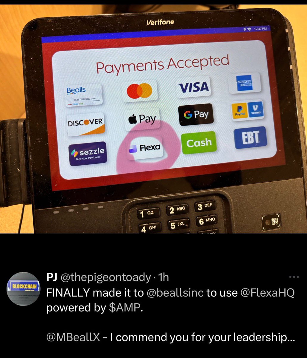 So bullish <a href="/FlexaHQ/">Flexa</a> <a href="/beallsinc/">Beall Inc.</a> <a href="/Verifone/">Verifone</a> $AMP collateral -&gt;the payment revolution has begun. 👀👇🏻