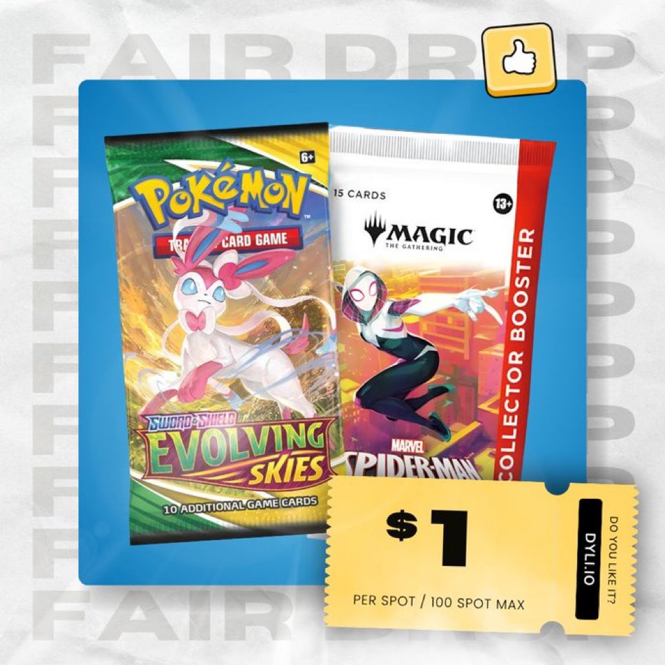 If you’re still a huge Pokemon fan, you SHOULD look into what <a href="/dyli_io/">DYLI</a> has been building

They run “Fair Drops” every Wednesday and raffle away graded slabs, pokemon packs, pudgy figurines, etc 

Not sure how I never knew about this but I love this initiative from the team. The