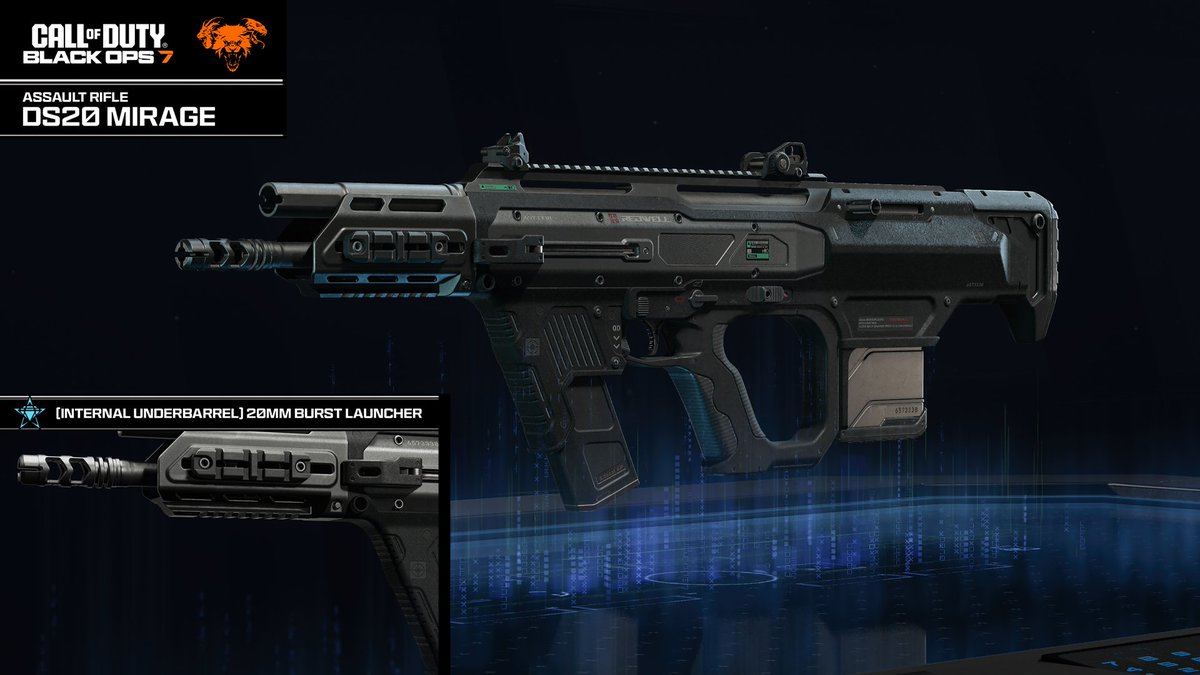 GForceGordon's tweet image. According to the markings, the DS20 Mirage would be a 20mm launcher with an underbarrel 5.56 gun, not the other way around. So they show the incorrect barrel in the prestige attachment image.