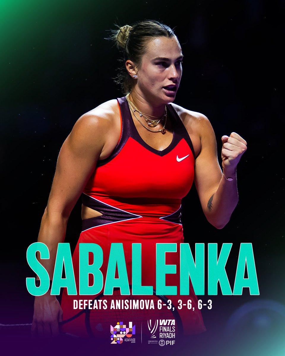 WTA's tweet photo. Never backing down 💥

@SabalenkaA secures her spot in the @WTAFinalsRiyadh final!

#WTAFinalsRiyadh https://t.co/mcqBPOE5yx