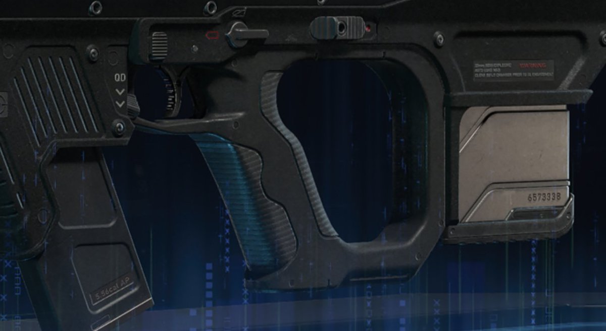 GForceGordon's tweet image. According to the markings, the DS20 Mirage would be a 20mm launcher with an underbarrel 5.56 gun, not the other way around. So they show the incorrect barrel in the prestige attachment image.