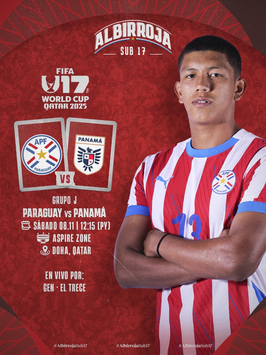 ¡Todos juntos, por el triunfo!
¡Hoy juega la #AlbirrojaSub17 ⚪🔴!

🆚 🇵🇦
🏆 #U17WC - Grupo J
🏟️ Aspire Zone - Doha 🇶🇦
🕛 12:15 h
📺 <a href="/SomosGEN/">GEN</a> | <a href="/trecepy/">TRECE</a>

🗞️ goo.su/cuzb4Tv

#VamosParaguay 🇵🇾