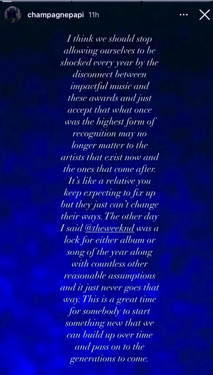 drake’s IG story after the weekend’s after hours got snubbed by the grammys