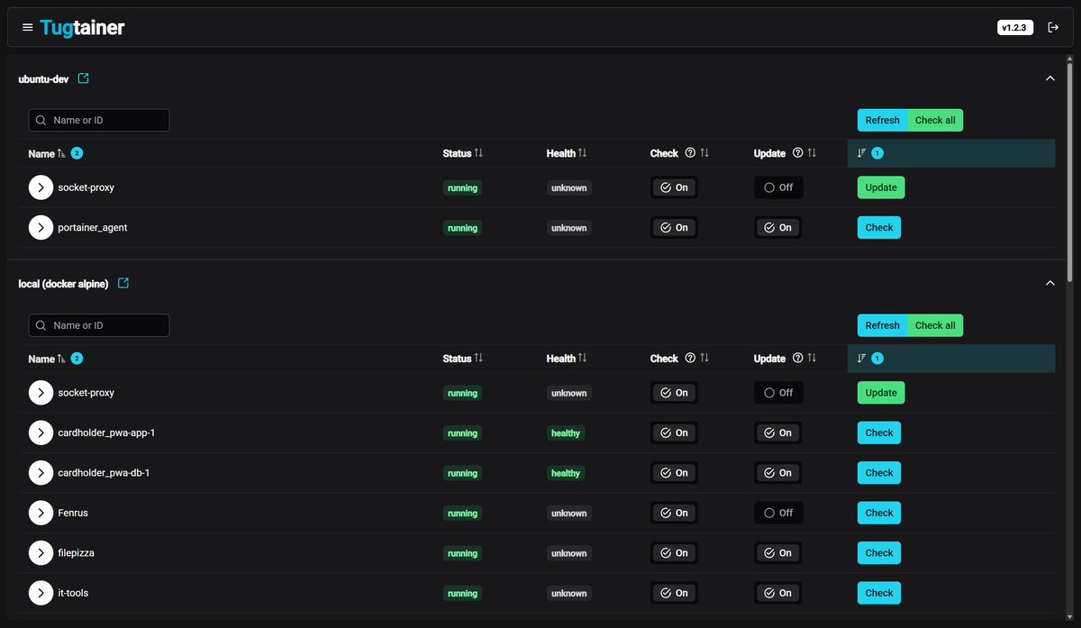 Pour ceux que ça intéresse, voici #Tugtainer ❗
C'est une application pour automatiser les mises à jour des conteneurs #Docker. C'est comme #Watchtower, mais avec une interface web 👍
👉 github.com/Quenary/tugtai…