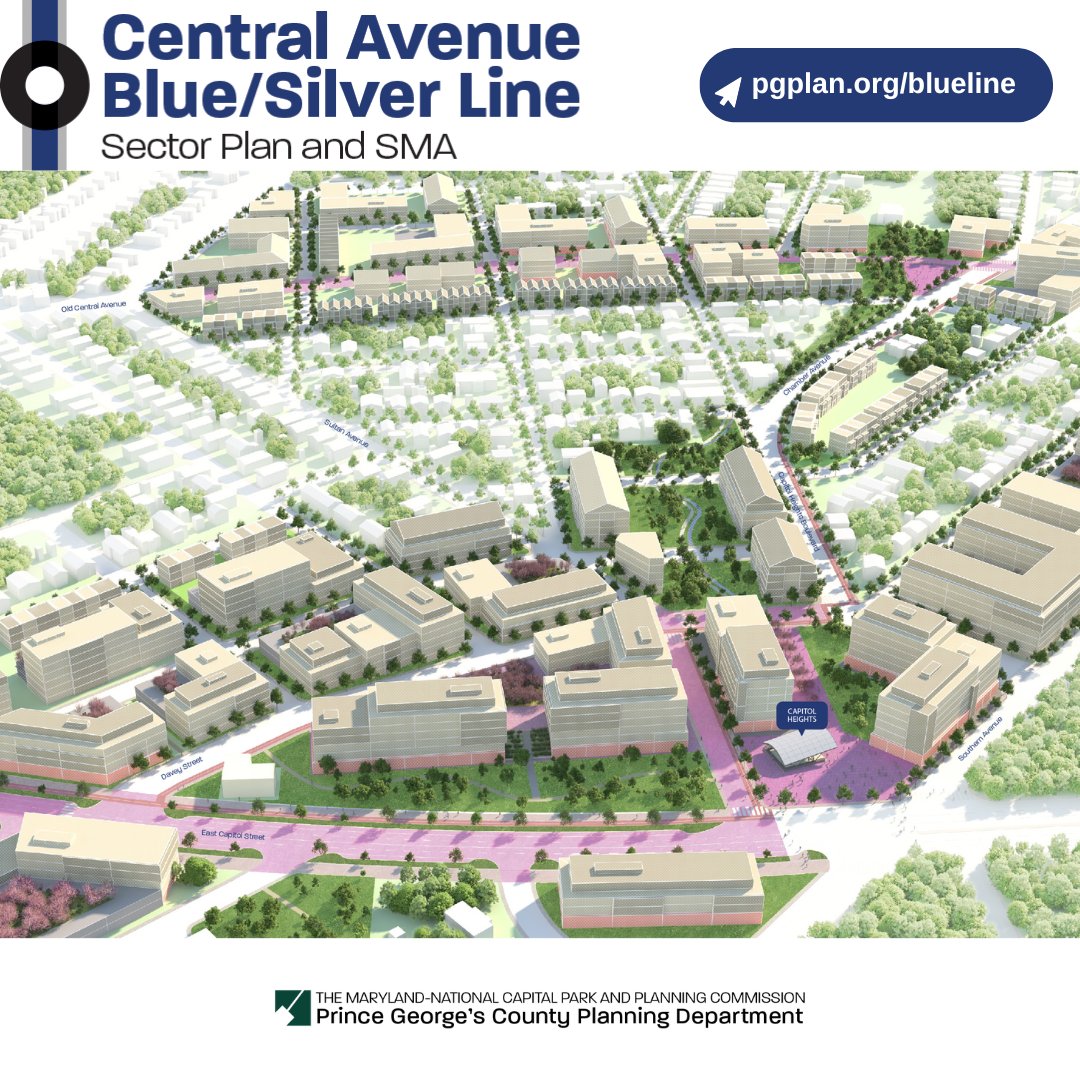 PGPlanningMD's tweet image. Imagine Capitol Heights with more homes, local shops, parks, and a walk-and-bike trail that connects it all. That’s the vision in the Preliminary Central Ave Blue/Silver Line Plan.
Details: pgplan.org/blueline
📩 CABL@ppd.mncppc.org

#BlueLinePlan #CapitolHeights #SmartGrowth
