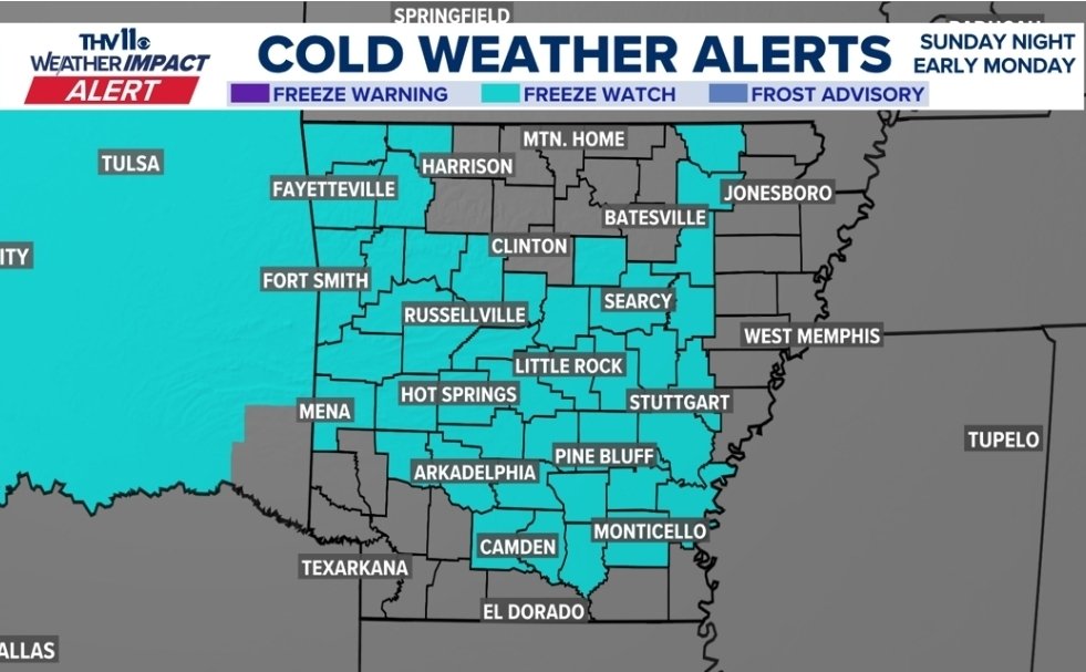 Freeze watch has been posted for a large part of Arkansas. This will likely be upgraded to a freeze warning for Monday morning. Protect the plants that can't survive the chill.