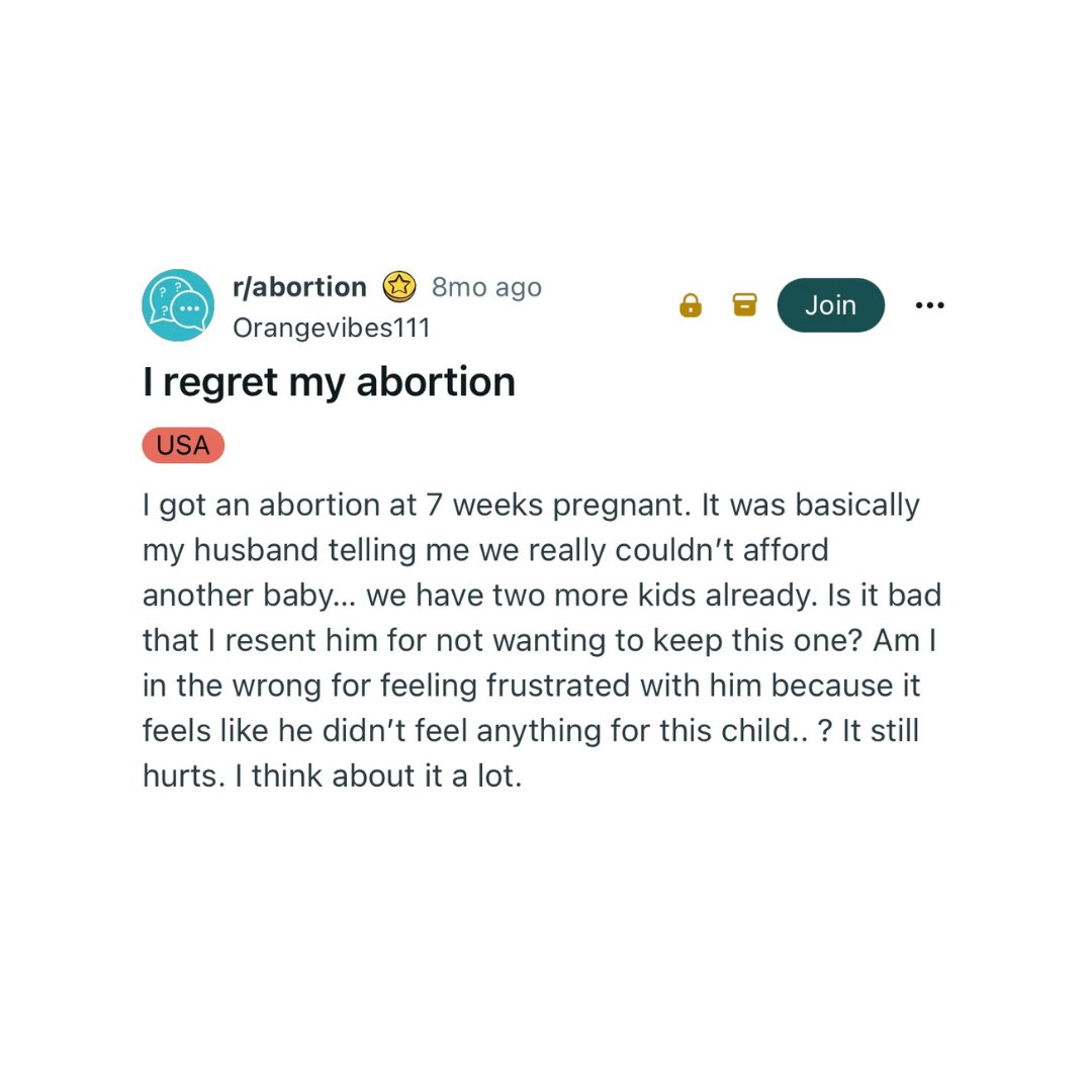 Woman faces regret after husband insists on abortion:

“Is it bad that I resent him for not wanting to keep this one?”

“It still hurts. I think about it a lot.”