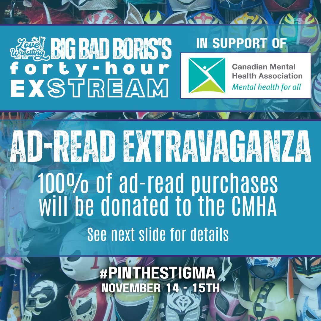 LoveWrestlingCA's tweet image. ONE WEEK until @BBBoris' 40-hour exSTREAM on Love Wrestling, and YOU can help out! 100% of ad-read purchases will be donated to the CMHA

We have 3 tiers available, with hourly reads at $80 - easily your best value!

DM for more info!